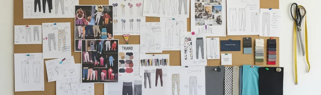Corkboard with children’s leggings sketches, fabric swatches, trims, and design inspiration pinned alongside measuring tools, representing RYZEAL’s agile and future-ready approach to kids’ leggings manufacturing.