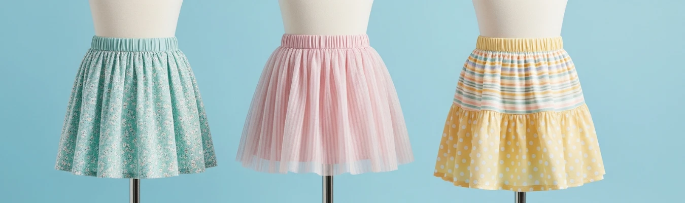 Three children's skirts displayed on mannequins against a blue background, featuring floral, pastel pink pleated, and yellow polka dot tiered designs.