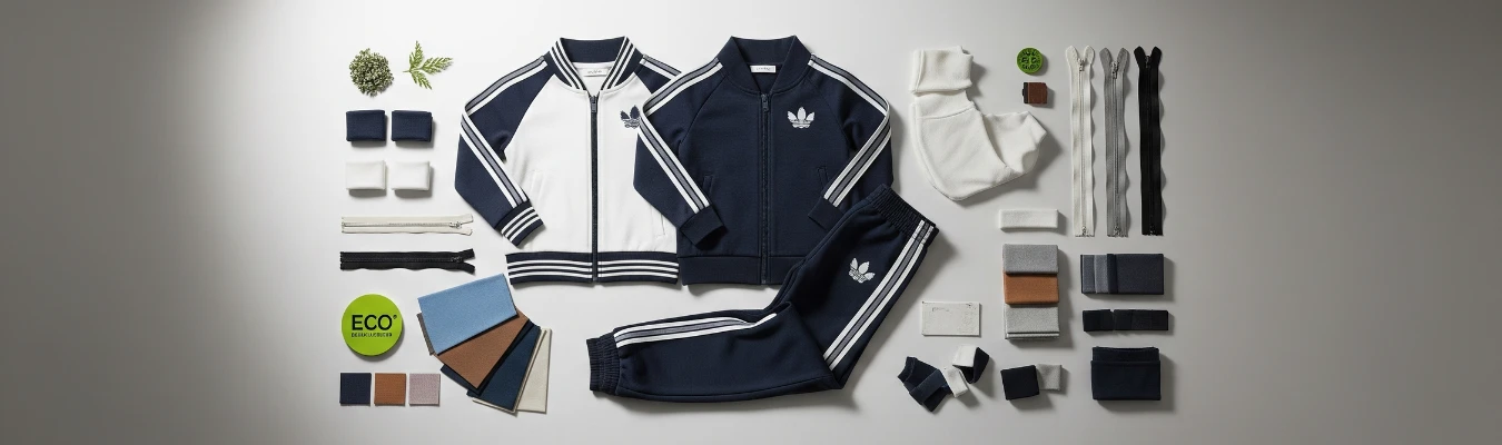 Children’s tracksuits in navy and white with fabric swatches, trims, and eco-friendly materials, showcasing how RYZEAL, an apparel manufacturing and sourcing company in Bangladesh, stays agile and future-ready as a wholesale supplier.