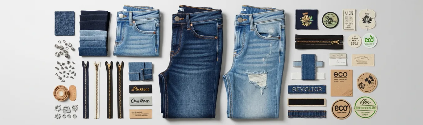 Flat lay of kids’ denim jeans, zippers, buttons, and eco-friendly trims presented by RYZEAL, a trusted denim jeans manufacturer for kids in Bangladesh.