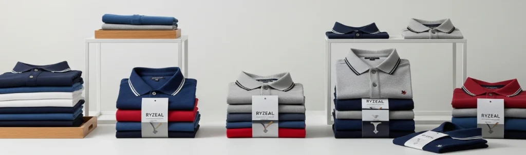 High Quality Polo Shirt Manufacturers showcasing folded polo shirts with RYZEAL tags in various colors, neatly stacked on display stands.