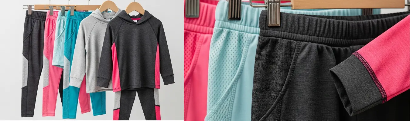 Children’s activewear sets including leggings, hoodies, and sports tops in vibrant colors hanging neatly, with a close-up detail of fabric and stitching quality.