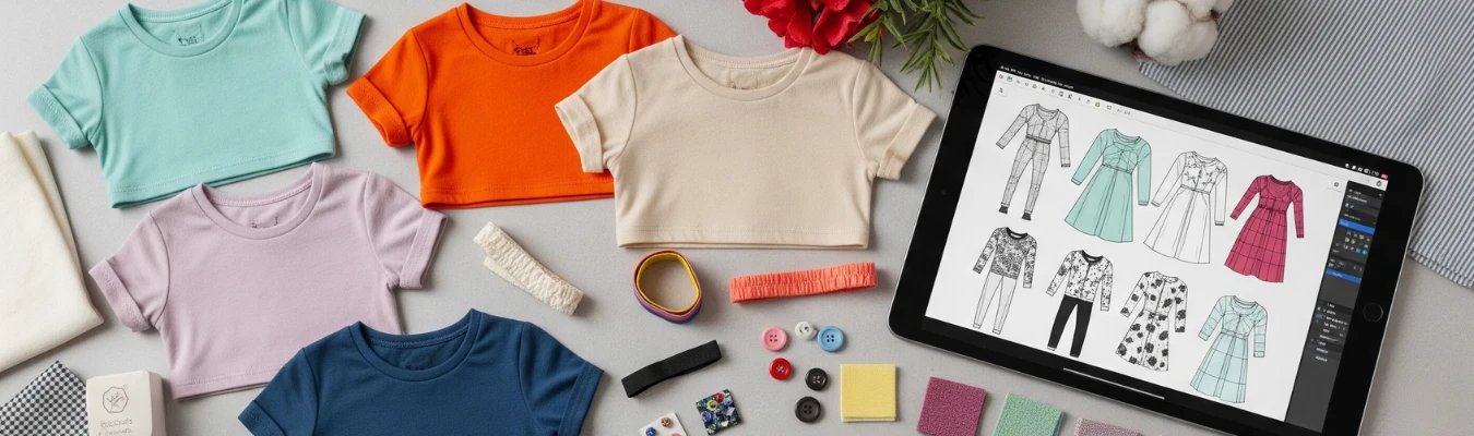 Colorful kid’s crop top tees with fabric samples and digital design sketches on tablet, showing RYZEAL’s agile process as Kid’s Crop Top Tees Wholesale Supplier