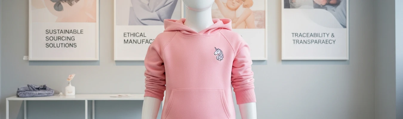 Pink kids hoodie on mannequin with sustainability, ethical manufacturing, and transparency posters in background, showing RYZEAL as an agile and future-ready Kids Hoodies Wholesale Supplier