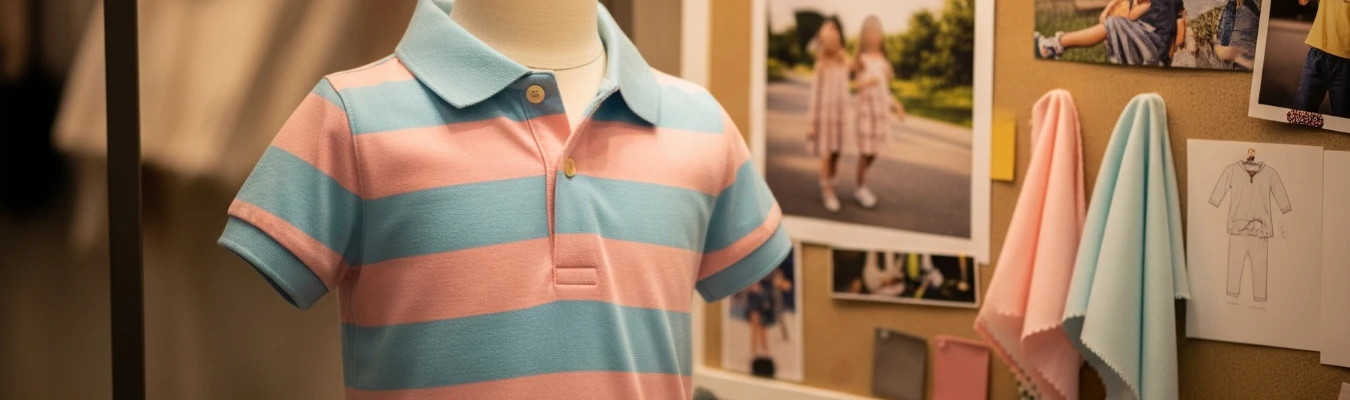 Striped kids polo shirt on mannequin with fabric swatches and design board, representing RYZEAL’s agility as Kids Polo Shirts Manufacturer in Bangladesh