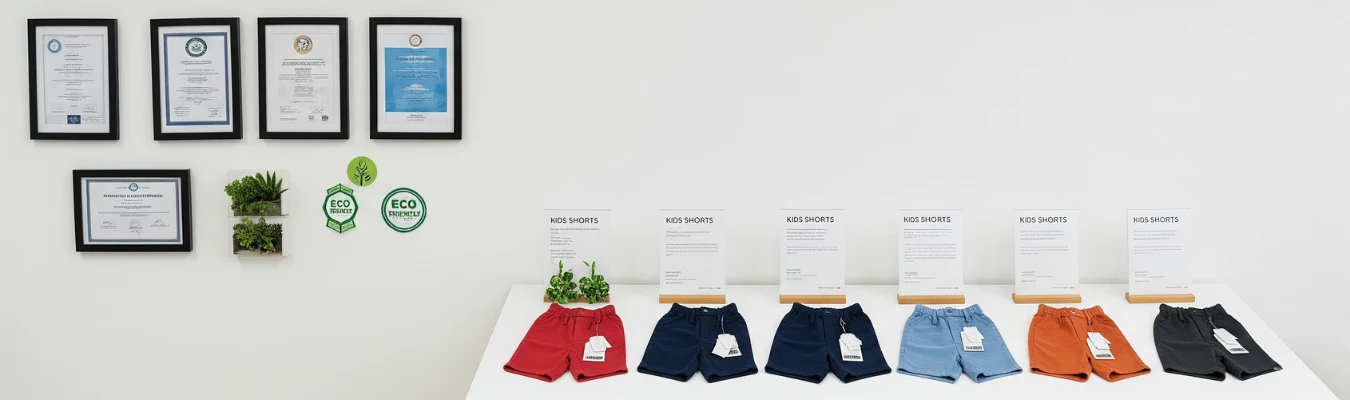Display of certified kids’ shorts samples with eco-friendly tags and compliance certificates on the wall at a wholesale supplier facility.