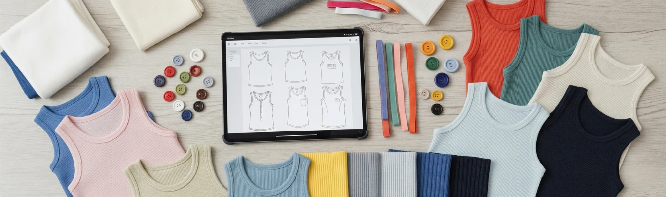 RYZEAL SOURCING fabric swatches, buttons, trims, and tank top design sketches displayed with finished samples, showing agility as Kid’s Tank Top Wholesale Supplier