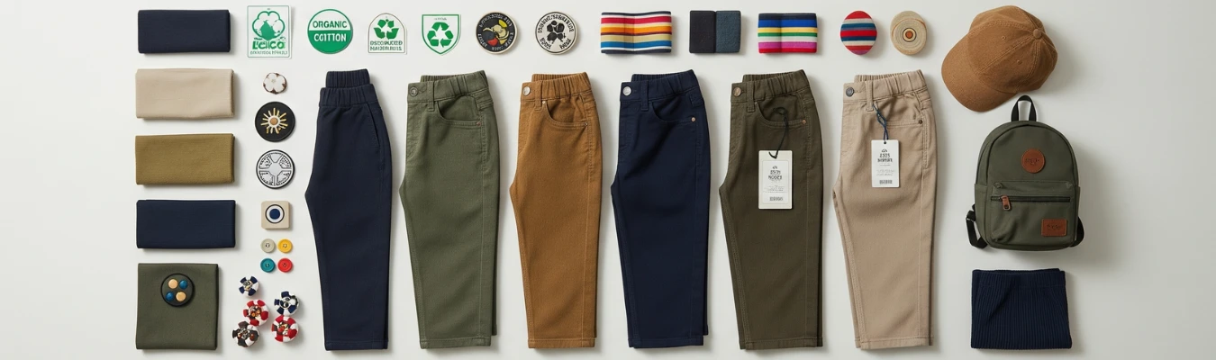Flat lay of kids’ trousers with eco-friendly fabric swatches, trims, buttons, and accessories, highlighting RYZEAL’s sustainable and future-ready approach as a kids’ trousers manufacturer in Bangladesh.