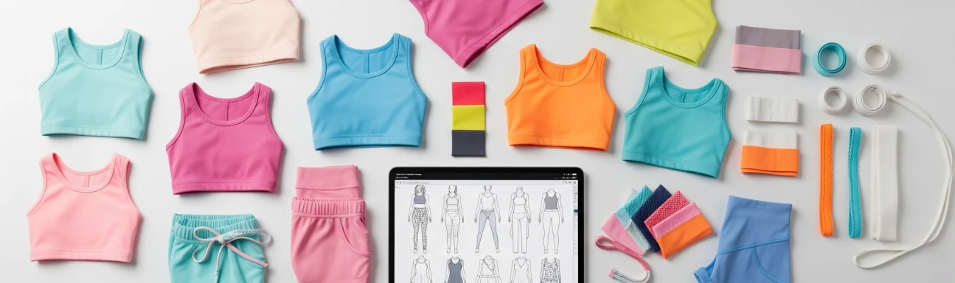 Mannequins wearing pastel kid’s yoga clothing sets posed on yoga mats in a studio