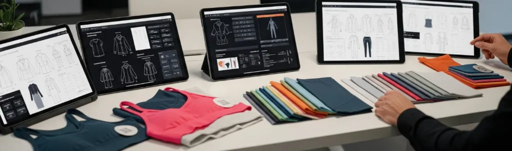 RYZEAL SOURCING showcasing digital garment design and fabric swatches for activewear production, highlighting agility and future-ready solutions in ladies activewear apparel manufacturing.