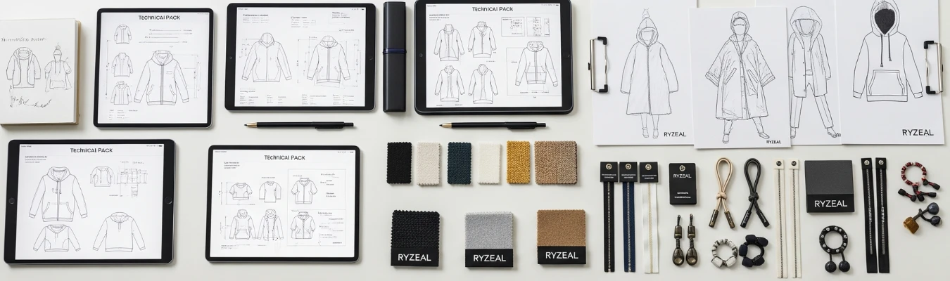 Luxury hoodie technical packs, sketches, fabric swatches, trims, and accessories displayed by RYZEAL to highlight agile and future-ready hoodie manufacturing.