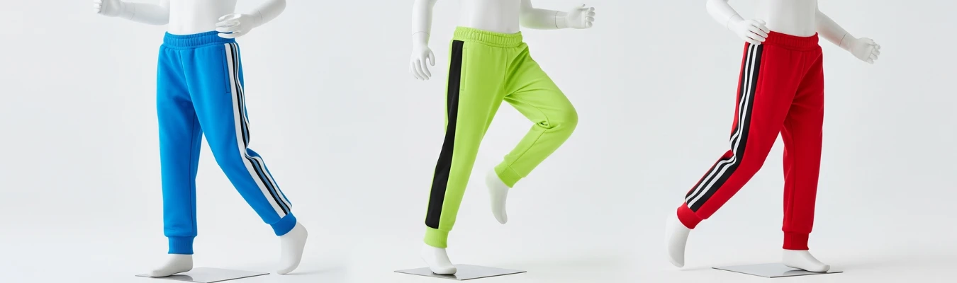 Mannequins wearing kids’ sweatpants in blue, neon green, and red with sporty side stripes, showing how RYZEAL, an apparel manufacturing and sourcing company in Bangladesh, stays agile and future-ready as a manufacturer.