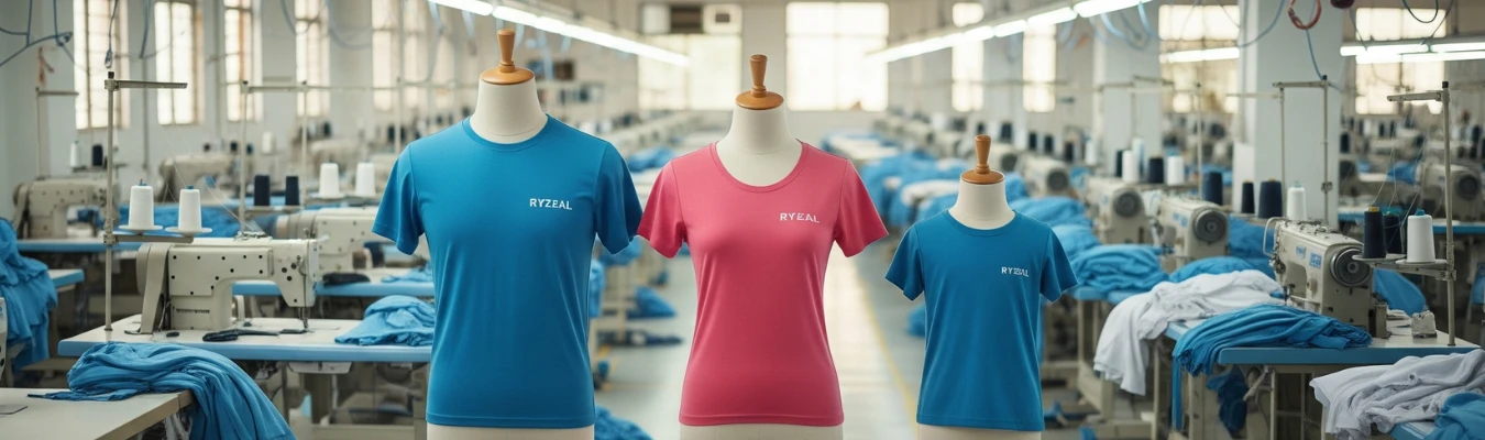 Three mannequins dressed in RYZEAL branded T-shirts displayed inside a modern garment factory with sewing machines and fabric stacks, showcasing agility and future-readiness in T-shirt garment manufacturing.
