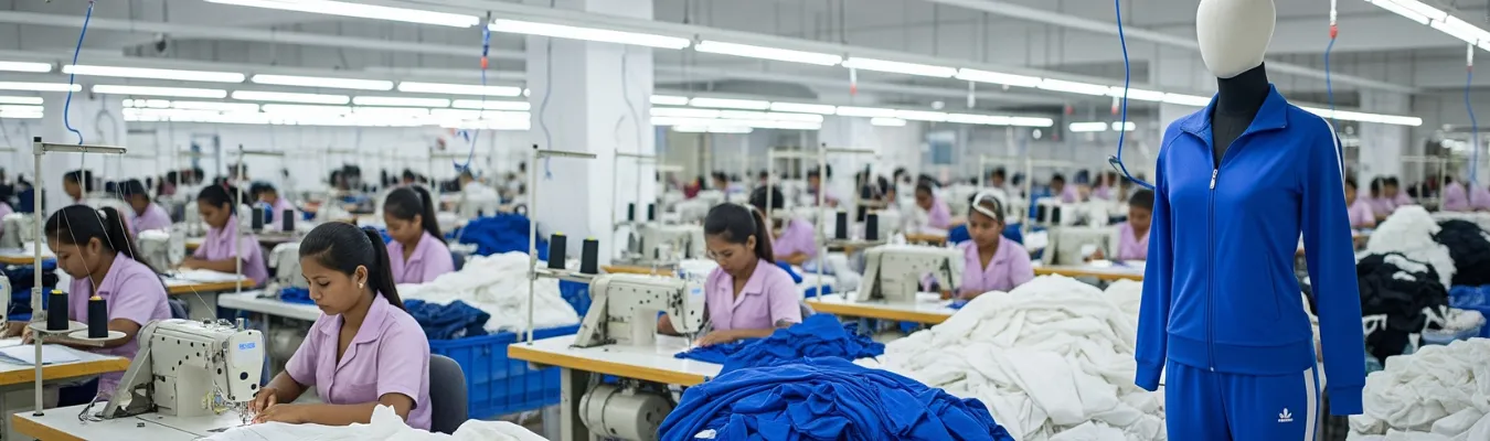 RYZEAL factory sewing floor with women operators producing blue tracksuits, mannequin displaying finished product.