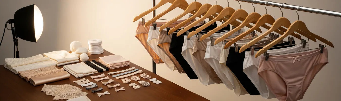 Wholesale briefs for women in assorted shades displayed on hangers beside fabrics and trims under studio lighting, showing how RYZEAL, an apparel manufacturing and sourcing company in Bangladesh, stays agile and future-ready.