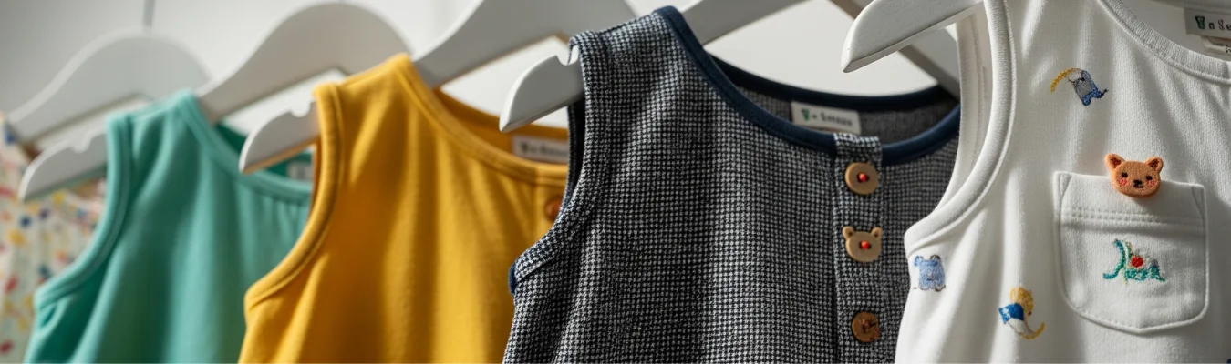 Close-up of colorful children’s rompers on hangers, including teal, yellow, navy checkered with wooden buttons, and white with embroidered animal designs, representing RYZEAL’s agile and future-ready wholesale supply.