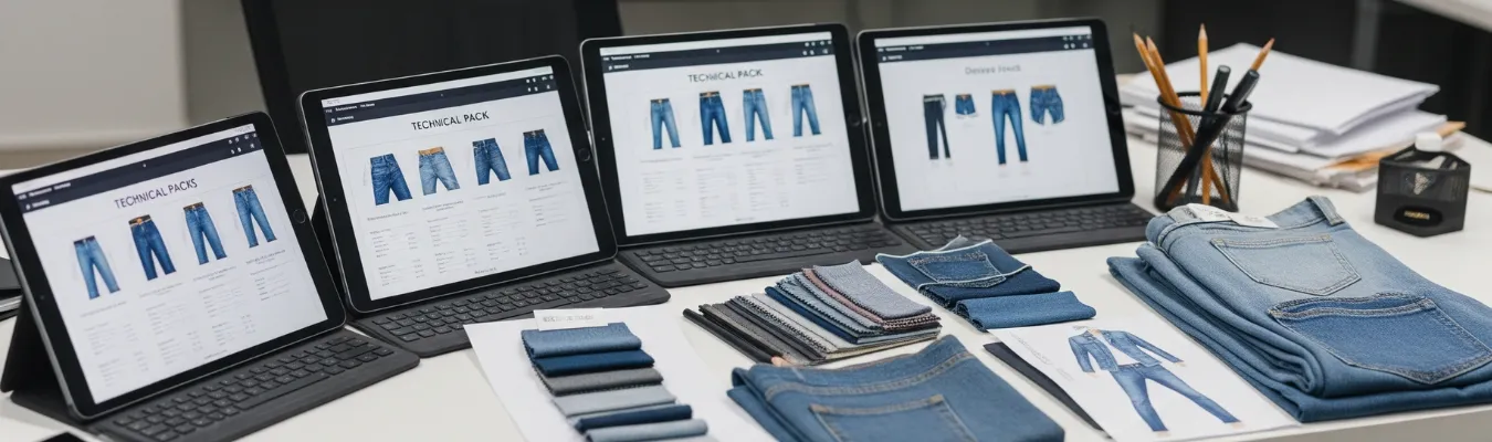 Technical design packs of denim jeans displayed on tablets with fabric swatches and folded jeans, representing RYZEAL’s agile wholesale jeans supply for women.