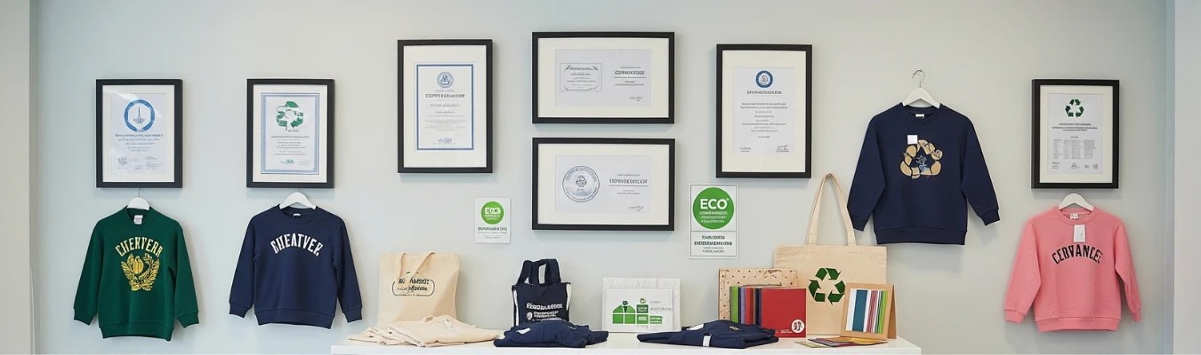 Kids’ sweatshirts displayed with eco-friendly certifications, fabric swatches, and tote bags, representing how RYZEAL, an apparel manufacturing and sourcing company in Bangladesh, stays agile and future-ready as a wholesale manufacturer.