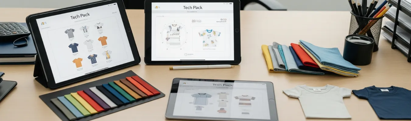 Digital tech packs for kids’ t-shirts displayed on tablets alongside fabric swatches and samples on a workspace.