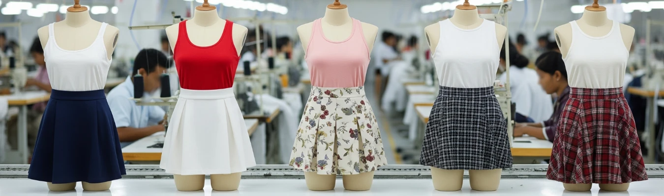 Mannequins dressed in different styles of wholesale skirts for women on a garment factory floor, showing how RYZEAL, an apparel manufacturing and sourcing company in Bangladesh, stays agile and future-ready as a supplier.