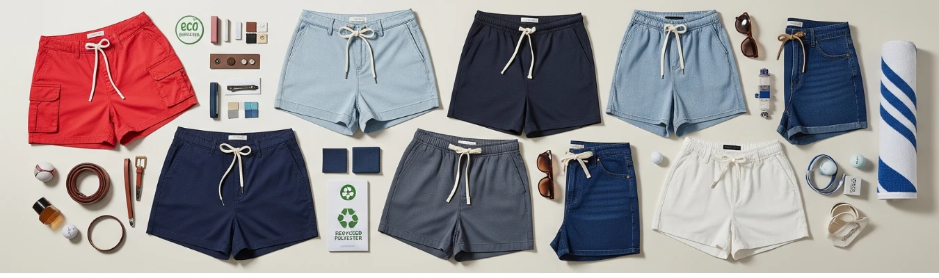 Assorted wholesale women’s shorts in various fabrics and colors arranged with accessories, reflecting how RYZEAL, an apparel manufacturing and sourcing company in Bangladesh, stays agile and future-ready as a global supplier.