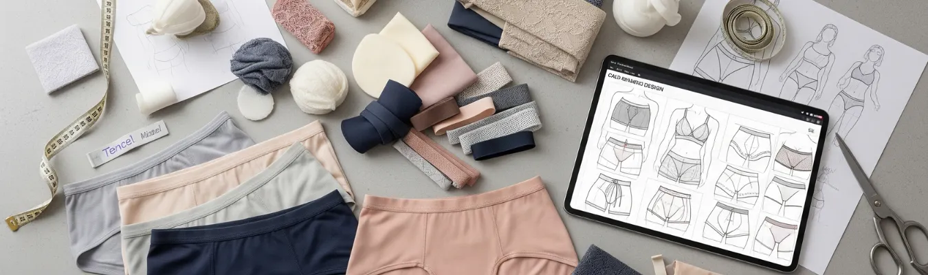 Fabric samples, boxer briefs, and digital design sketches showing RYZEAL’s agile process as Women’s Boxer Brief Manufacturers in Bangladesh