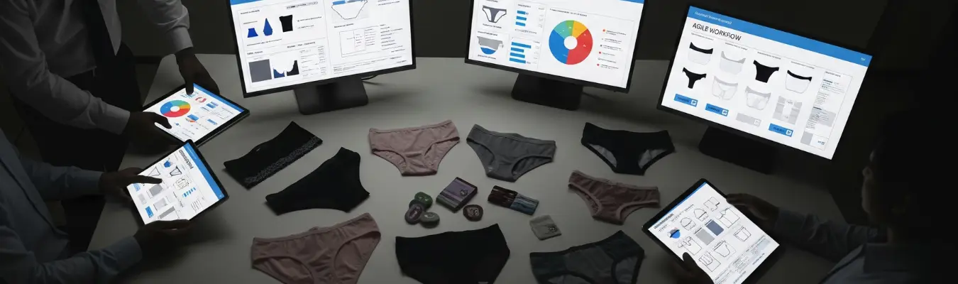 RYZEAL team analyzing designs and data with garment samples, showcasing innovation in Women’s Panties Wholesale sourcing from Bangladesh
