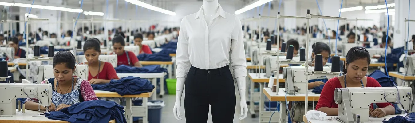 Garment factory with workers sewing trousers and a mannequin displaying formal trousers, representing RYZEAL’s agile and future-ready trouser manufacturing process.