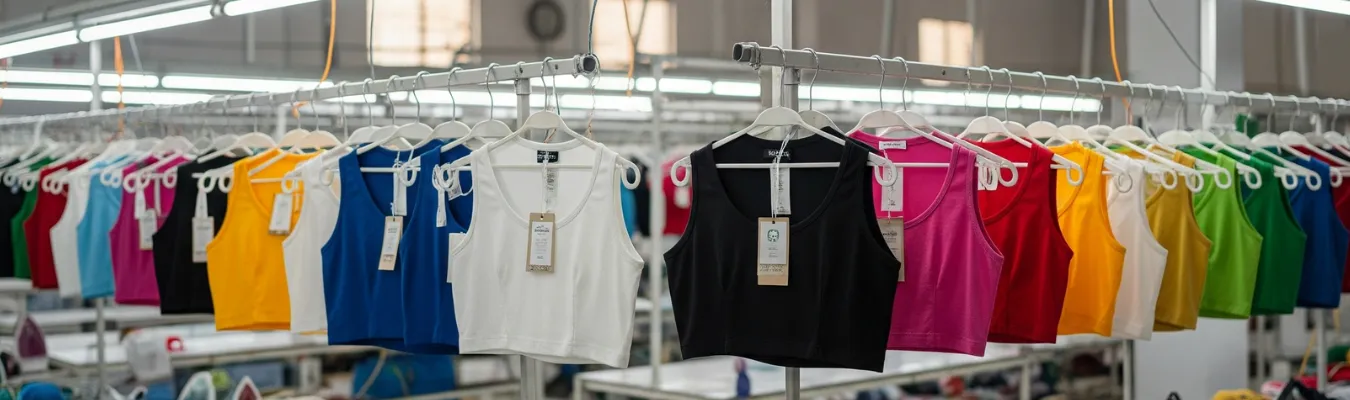 Colorful crop tops on hangers displayed inside a garment factory.