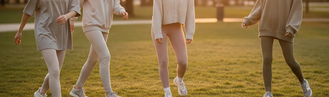 Women walking outdoors in comfortable leggings and oversized sweatshirts, representing RYZEAL SOURCING as an agile and future-ready women’s wholesale leggings supplier.