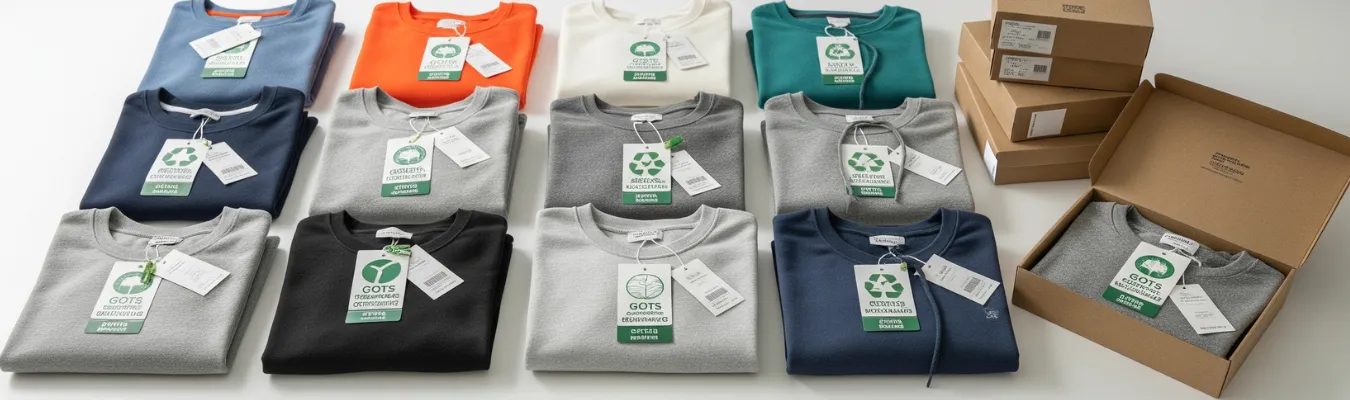 Stacked women’s sweatshirts with eco-friendly tags and boxes, showcasing RYZEAL SOURCING’s sustainable wholesale sweatshirt supply.