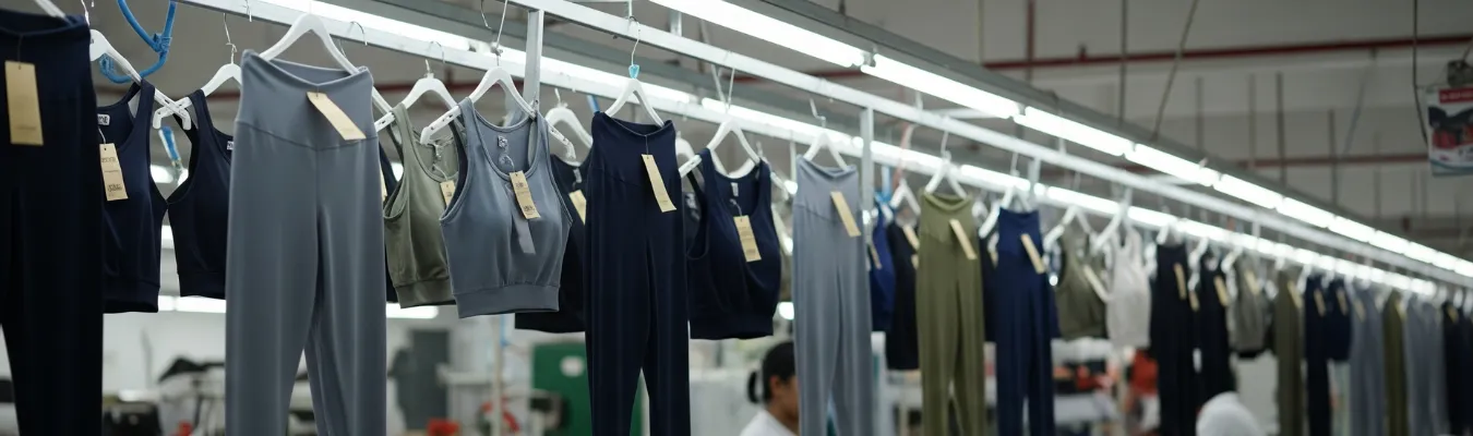 Women’s yoga wear collection on hangers inside RYZEAL SOURCING’s production line.