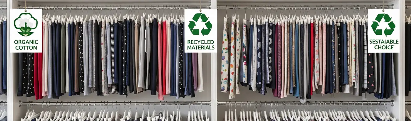 Rows of children’s leggings in various colors and patterns displayed on racks, with icons for organic cotton, recycled materials, and sustainable choice, symbolizing eco-friendly manufacturing practices.