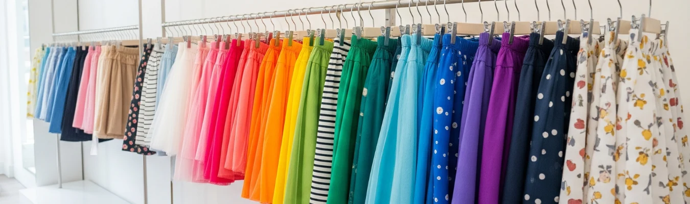 Children's skirts in a wide range of colors and patterns, including solids, stripes, polka dots, and florals, neatly hung on a clothing rack in a showroom setting.