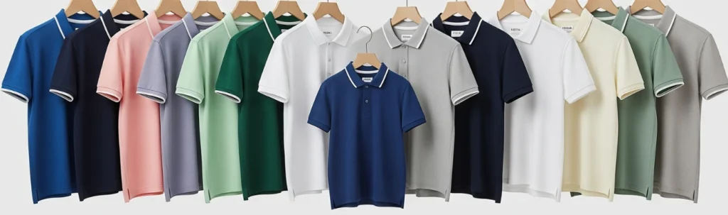 High Quality Polo Shirt Manufacturers showcasing a wide range of polo shirts in multiple colors including navy, grey, green, black, and white on wooden hangers.