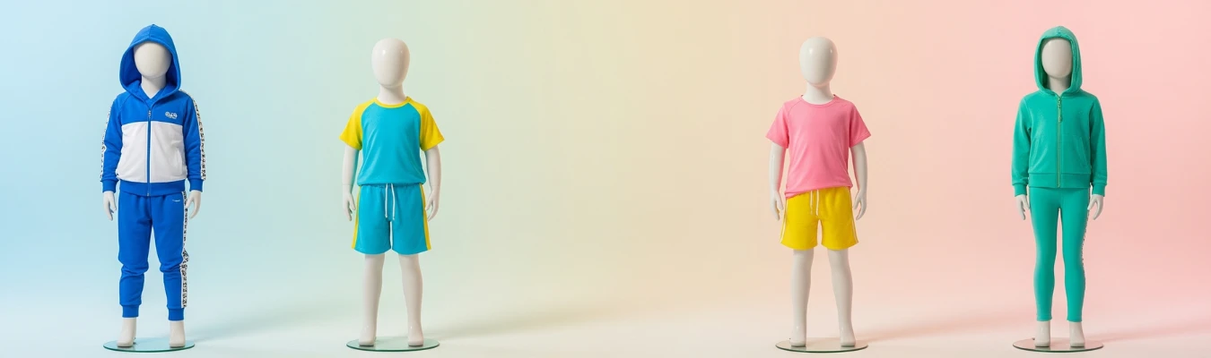 Four mannequins dressed in colorful kids’ activewear sets, including tracksuits, t-shirts, shorts, and hoodies, representing diverse product options from a wholesale supplier.