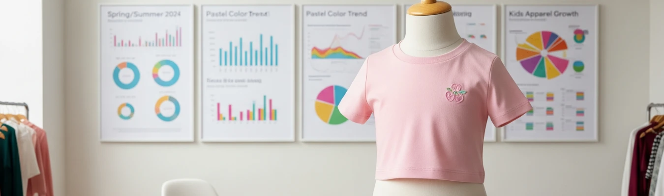 Mannequin displaying pink kid’s crop top tee with apparel trend charts in background, highlighting RYZEAL as Kid’s Crop Top Tees Wholesale Supplier