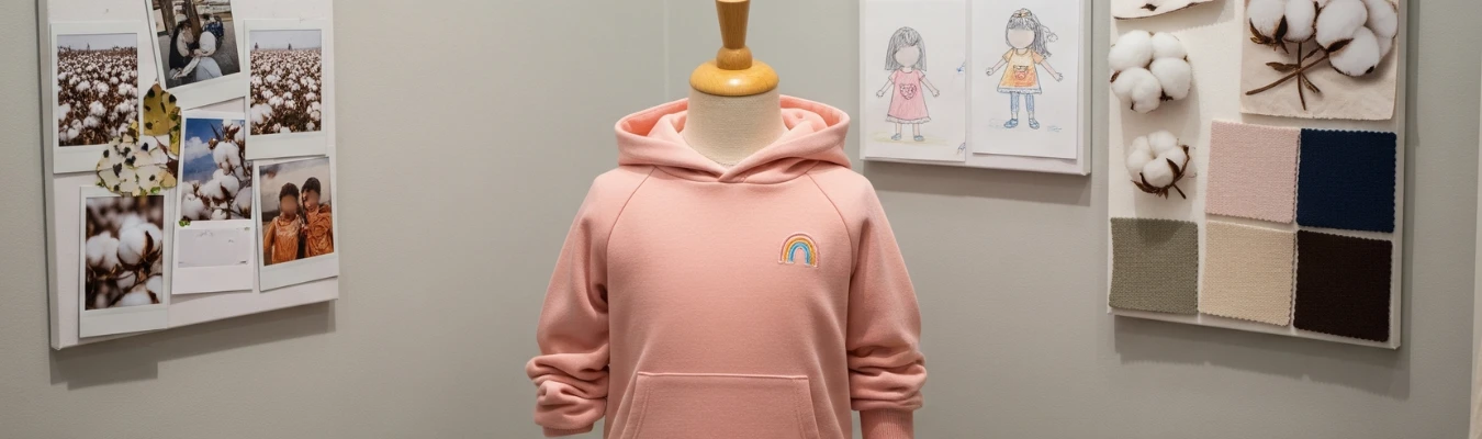 Mannequin in pink kids hoodie with cotton, fabric swatches, and design sketches, representing RYZEAL’s market insights as Kids Hoodies Wholesale Supplier