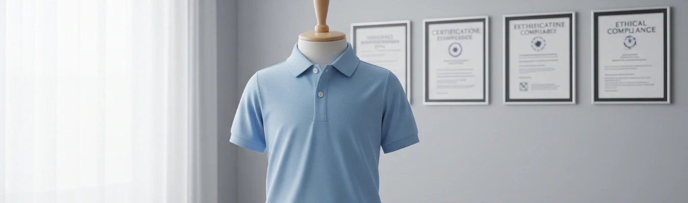 Light blue kids polo shirt on mannequin with compliance certificates in background, symbolizing market insights with RYZEAL as Kids Polo Shirts Manufacturer