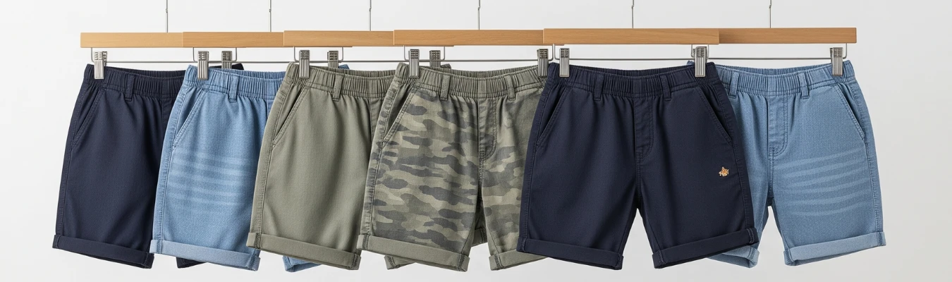 A row of kids’ shorts in solid colors and camouflage pattern hanging on wooden hangers, showcasing variety in wholesale kids’ shorts manufacturing.