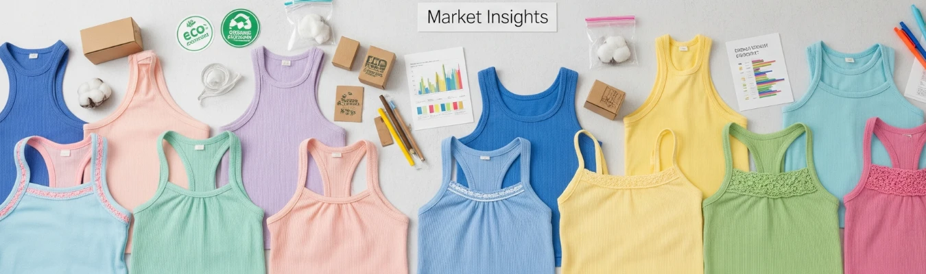 Colorful kids tank tops with eco-friendly labels, cotton, charts, and reports representing market insights in Kid’s Tank Top Wholesale Supplier industry