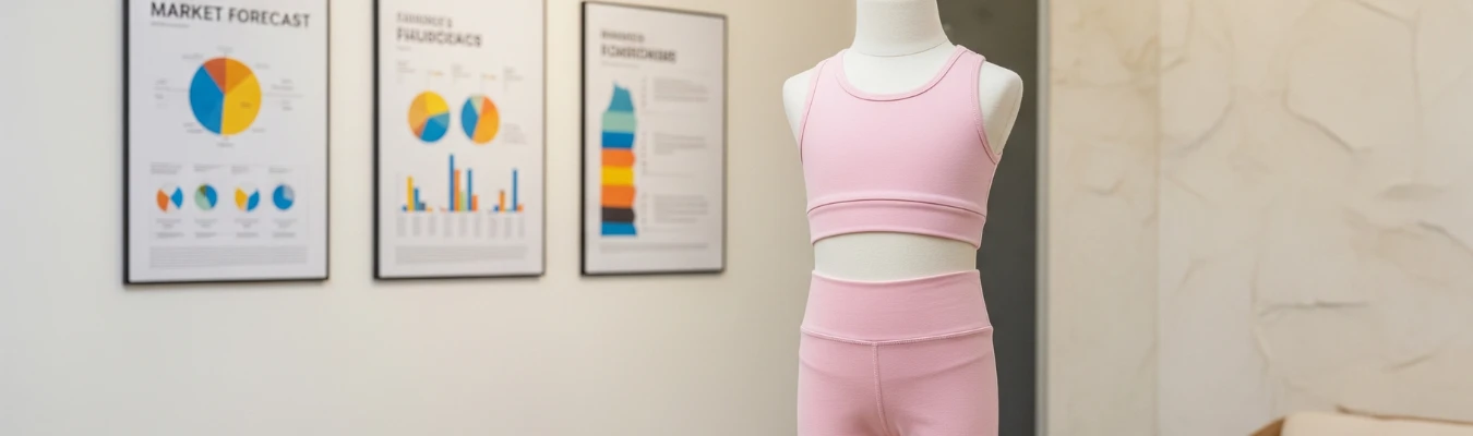 Mannequin in pink kid’s yoga clothing set placed beside market forecast charts and apparel industry insights