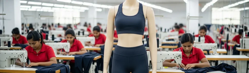 RYZEAL SOURCING garment factory with workers sewing activewear, mannequin displaying black sports bra and leggings, representing global ladies activewear apparel manufacturing.