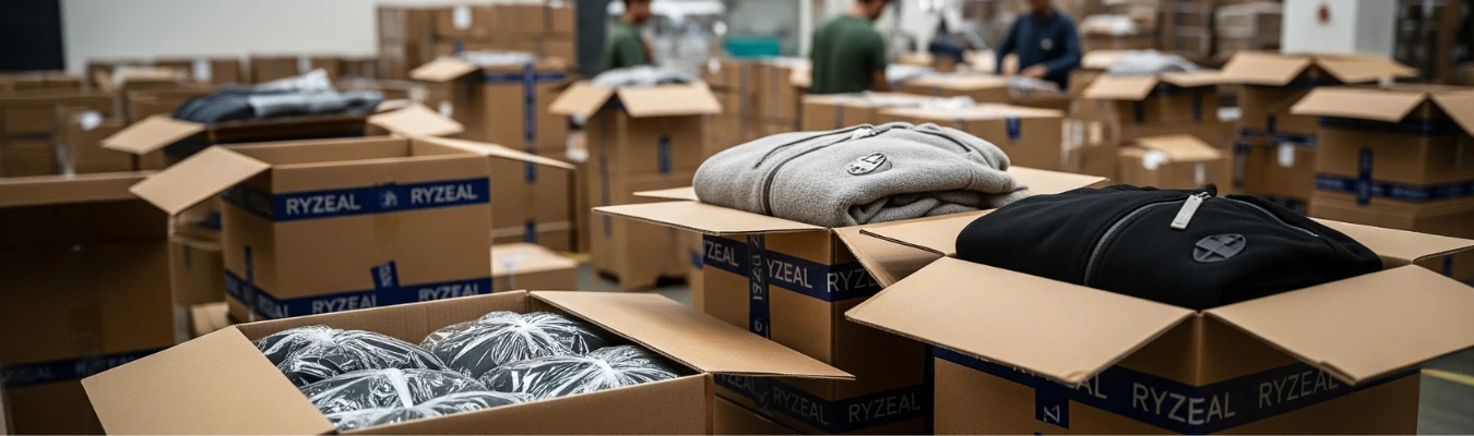 Luxury hoodies packed inside RYZEAL branded cartons in a warehouse, symbolizing global market insights and evolving demand in hoodie manufacturing.