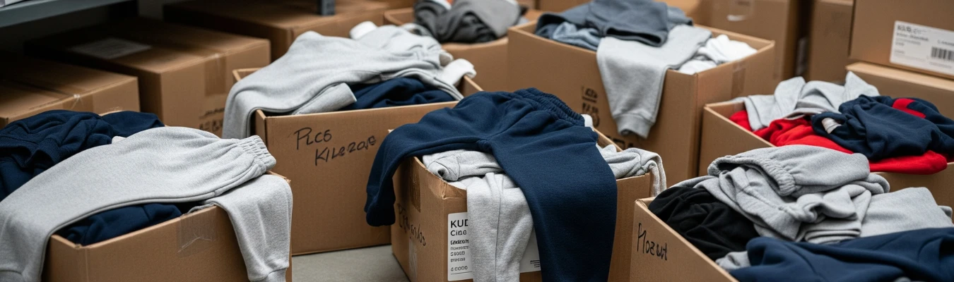 Bulk kids’ sweatpants in various colors packed in cartons, representing evolving market insights in wholesale supply by RYZEAL, an apparel manufacturing and sourcing company in Bangladesh.