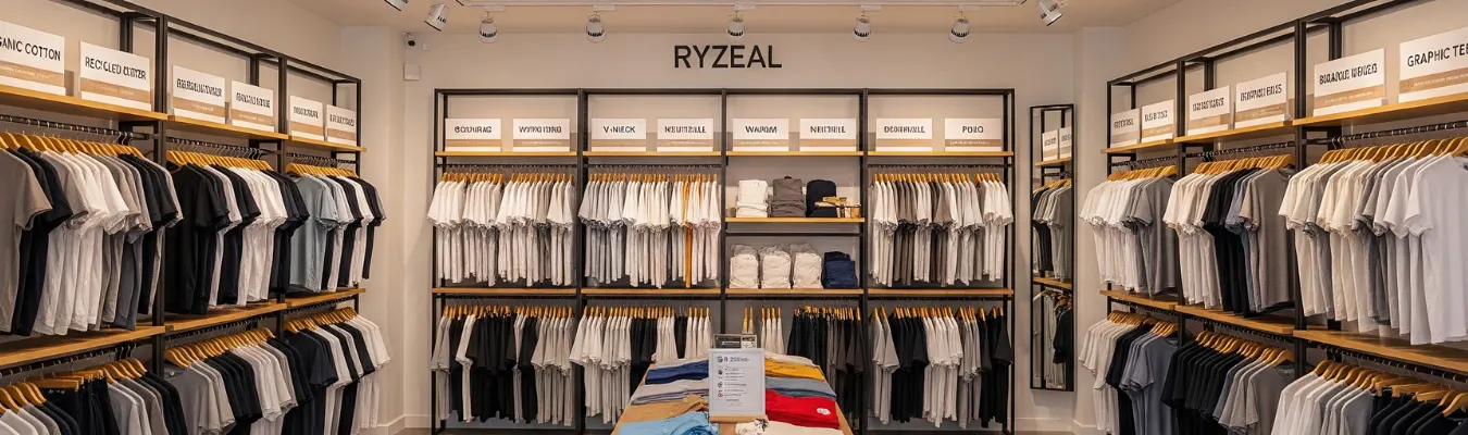 RYZEAL branded T-shirt showroom with neatly organized racks of shirts in neutral colors, highlighting evolving trends in global T-shirt garment manufacturing.