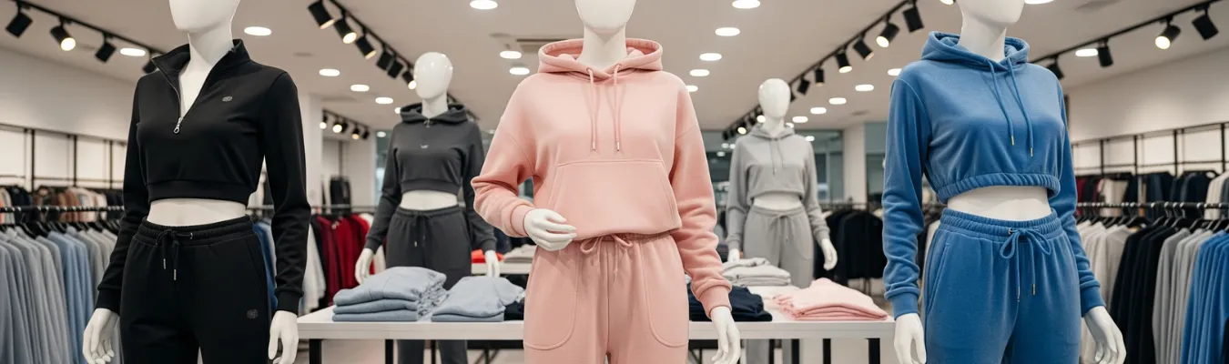Trendy women’s tracksuits displayed on mannequins in a modern apparel showroom.