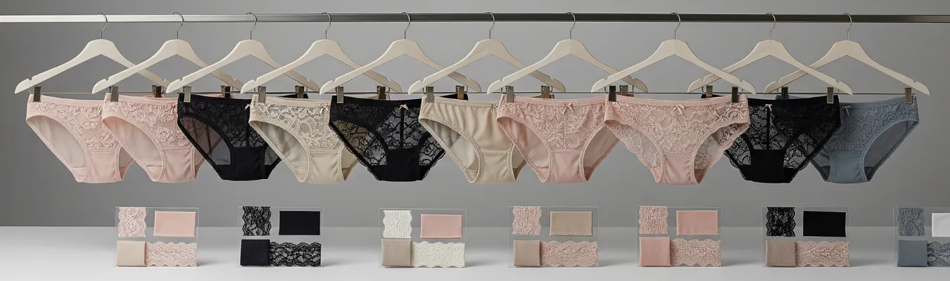 Wholesale briefs for women in multiple colors and lace styles displayed on hangers with matching fabric swatches, representing evolving market insights supported by RYZEAL, an apparel manufacturing and sourcing company in Bangladesh.