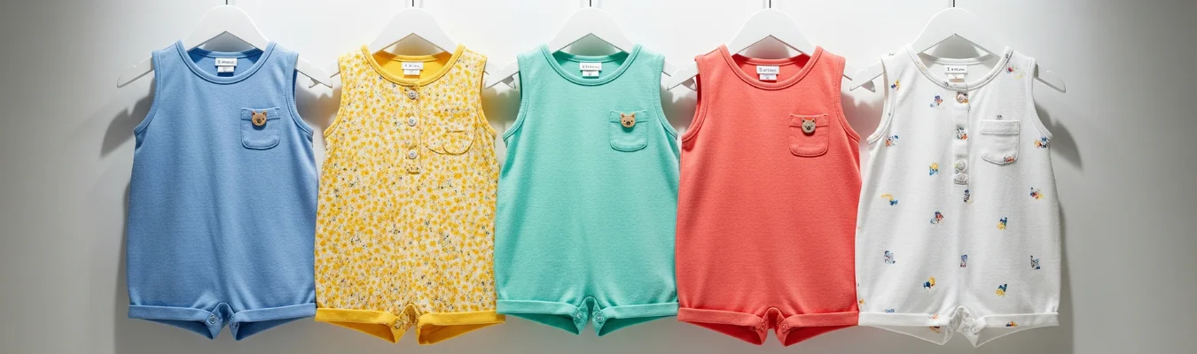 Colorful children’s rompers in blue, yellow, green, red, and white with playful embroidered details, displayed on hangers under studio lighting, representing market trends in wholesale children’s rompers supply.