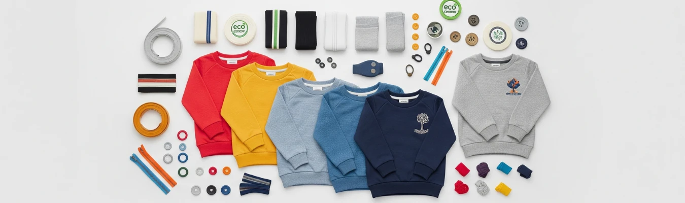 Assorted kids’ sweatshirts in red, yellow, blue, navy, and grey displayed with trims, buttons, zippers, and eco-friendly labels, representing evolving market insights by RYZEAL, an apparel manufacturing and sourcing company in Bangladesh.